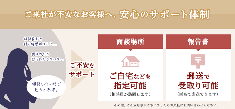 ご来社がご不安な方へ 相談員がご自宅などへ訪問可能、報告書は郵送でお受け取り可能です。